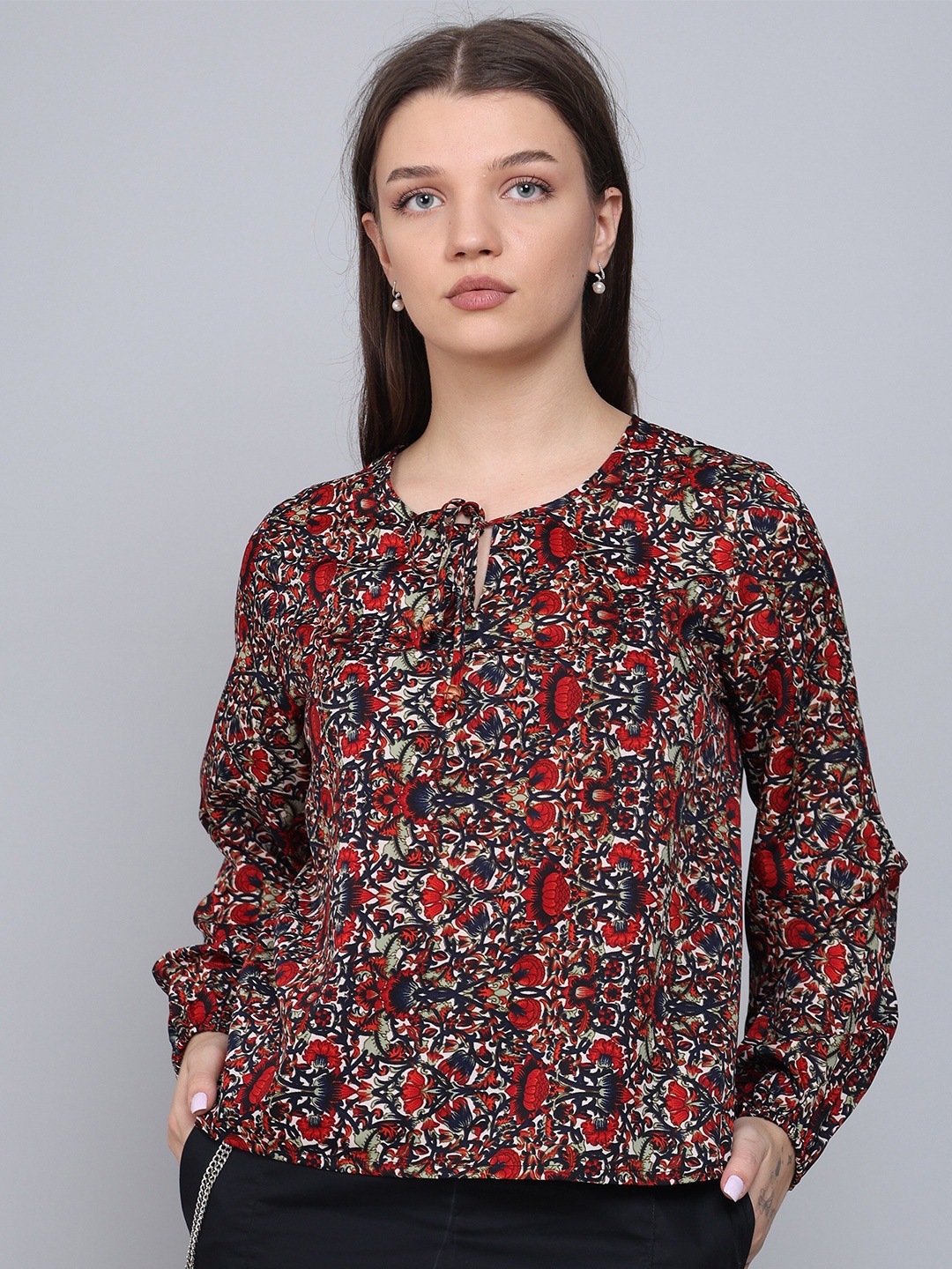 

RANGREAL Floral Printed Tie-Up Neck Puff Sleeve Crepe Top, Red
