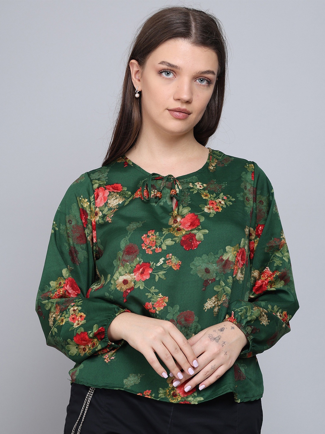

RANGREAL Floral Printed Tie-Up Neck Top, Green