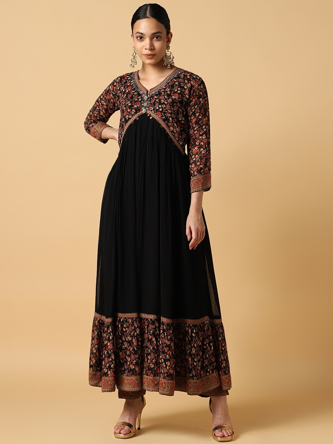 

House Of Dharaa Floral Yoke Design Kurta With Trouser & Dupatta, Brown