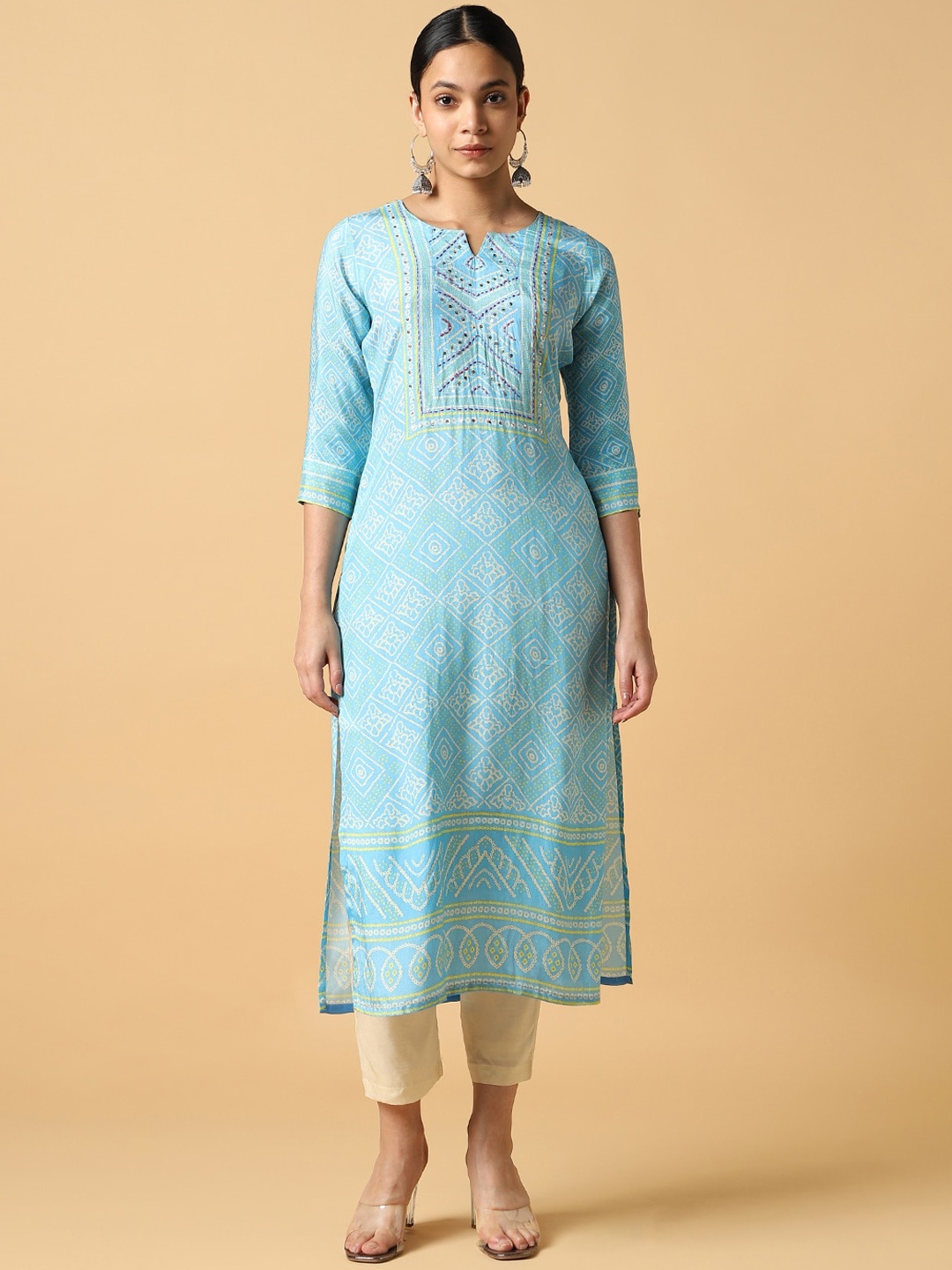 

House Of Dharaa Embroidered Round Neck Three-Quarter Sleeves Sequinned Straight Kurta, Blue