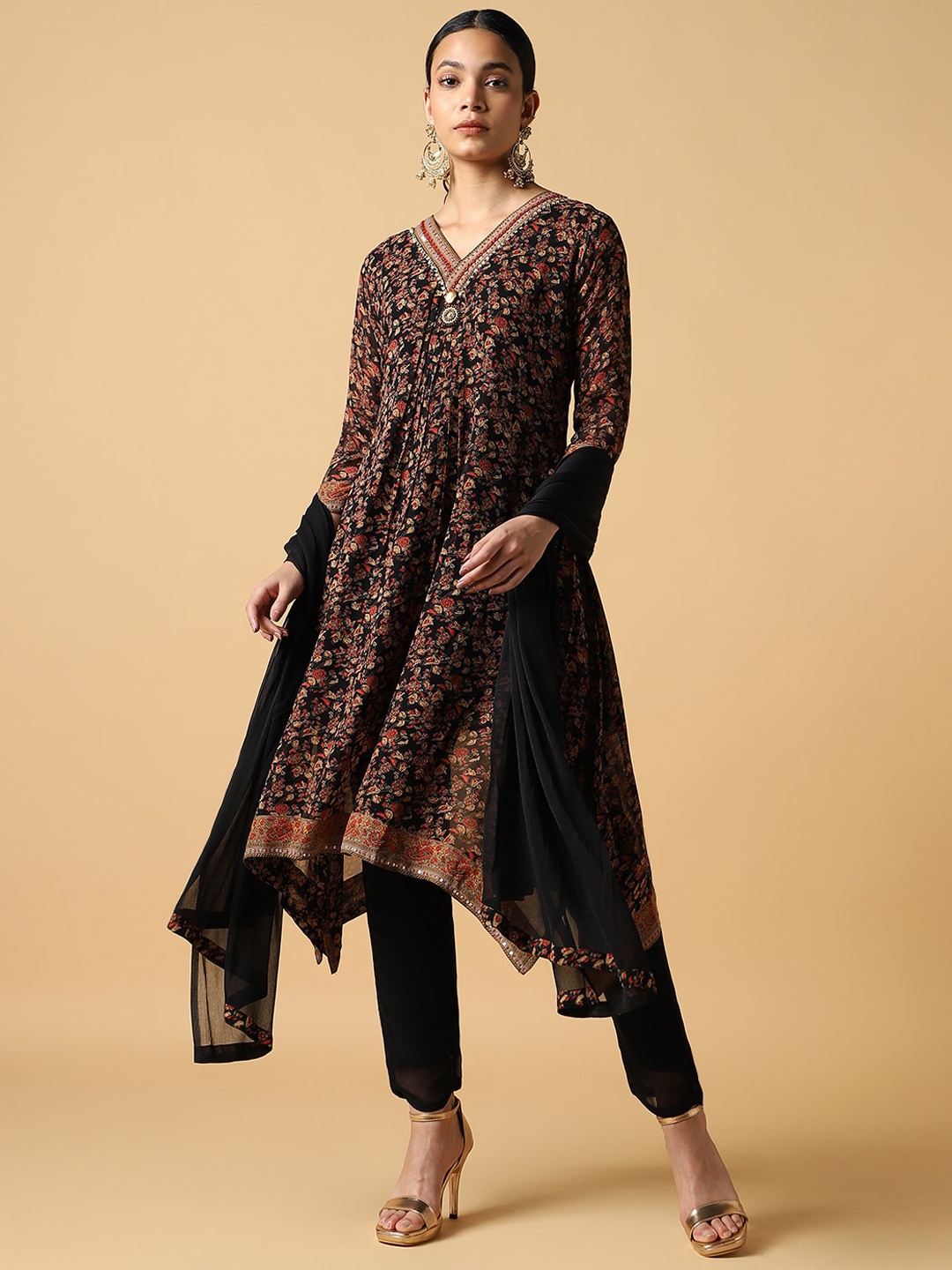 

House Of Dharaa Ethnic Motifs Printed Sequinned Kurta With Trouser & Dupatta, Black