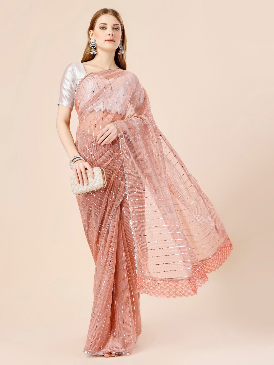 

HERE&NOW Striped Embellished Saree, Brown