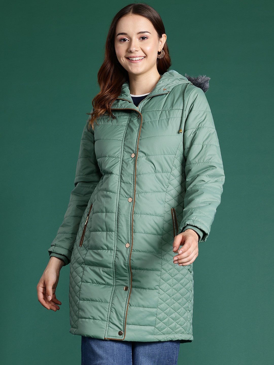 

DressBerry Longline Hooded Quilted Parka Jacket, Green