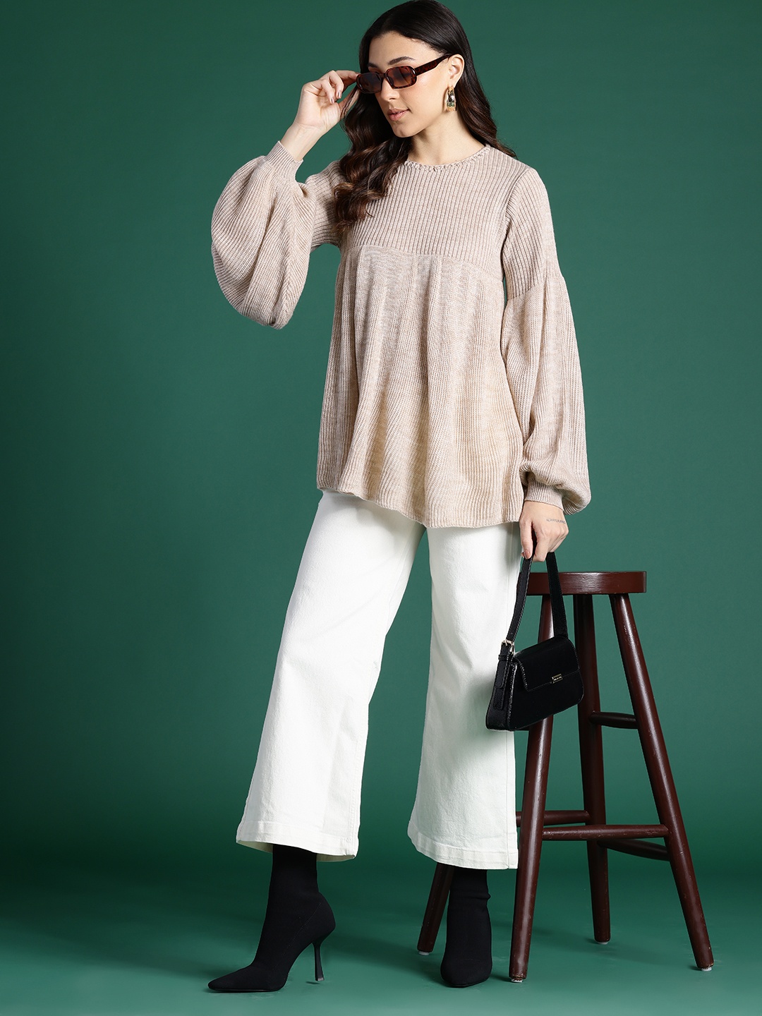 

DressBerry Puff Sleeves Acrylic Pullover, Beige