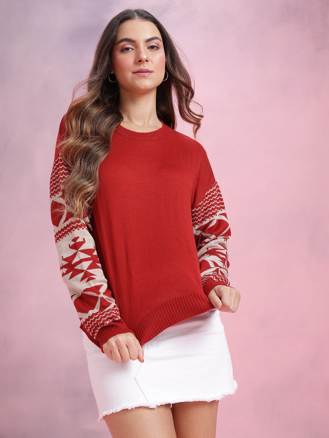 

DressBerry Acrylic Self Design Sweater, Red