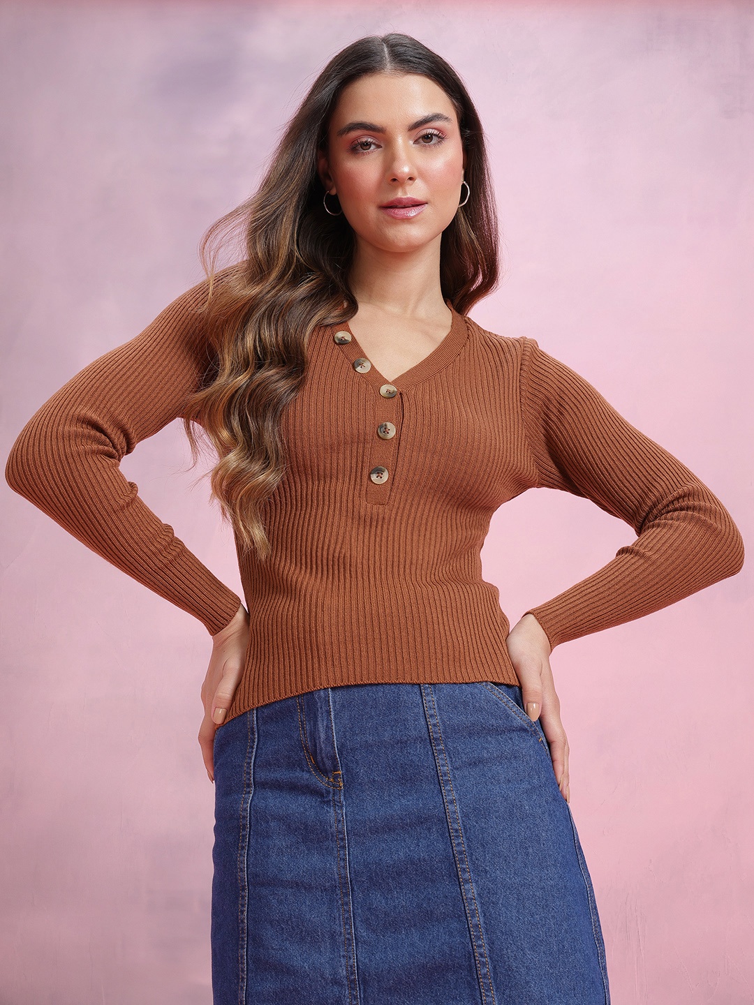 

DressBerry V-Neck Ribbed Acrylic Pullover, Brown