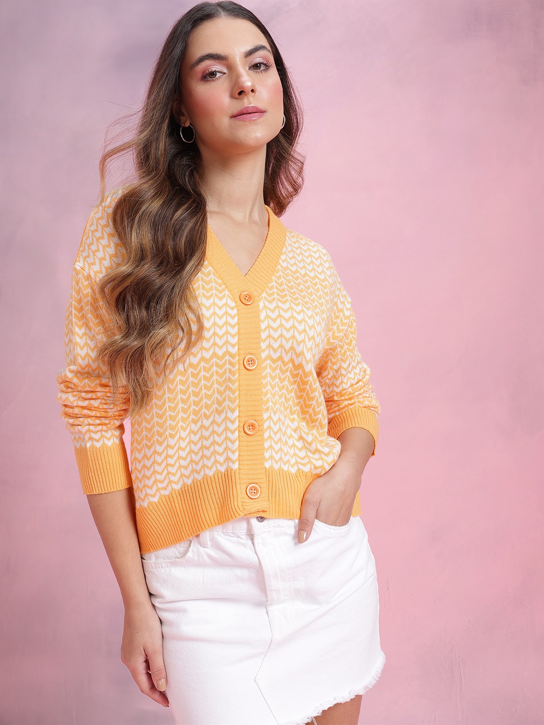 

DressBerry Self Design Geometric Sweater, Yellow