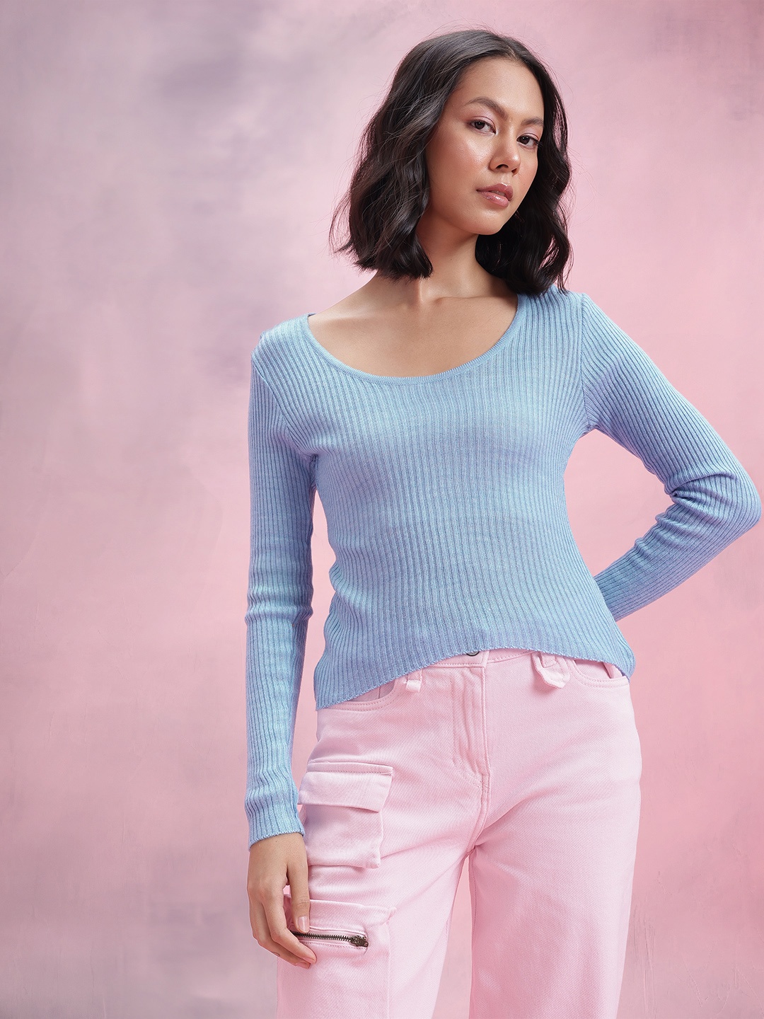 

DressBerry Ribbed Scoop Neck Pullover, Blue