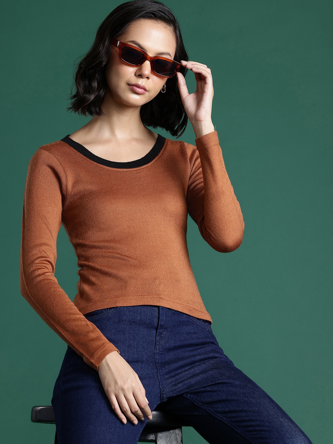 

DressBerry Contrast Trims Pullover, Brown