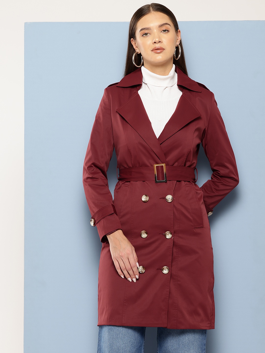 

Chemistry Double-Breasted Longline Trench Coat with a Belt, Maroon