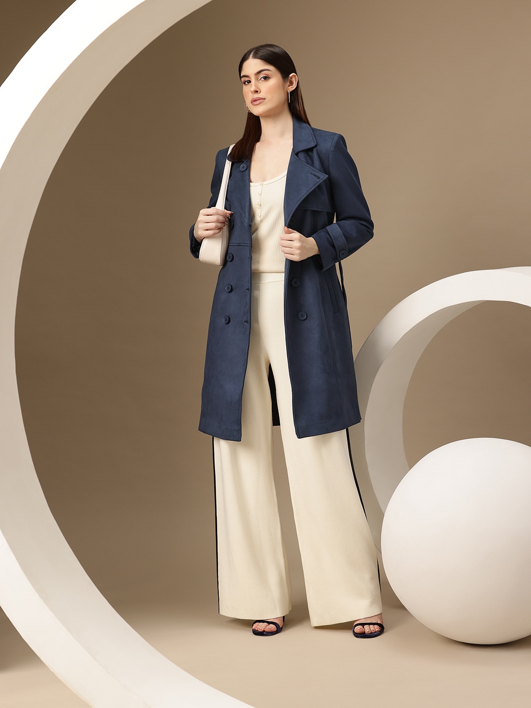 

Chemistry Suede Finish Notched Lapel Collar Overcoat, Navy blue