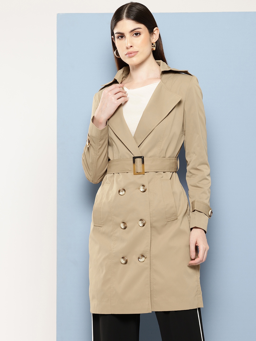 

Chemistry Double-Breasted Longline Trench Coat with a Belt, Beige