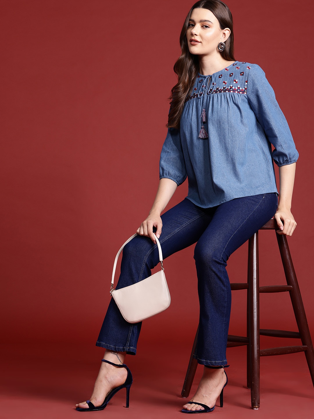 

Routes by All About You Embroidered Pure Cotton Chambray Top, Blue