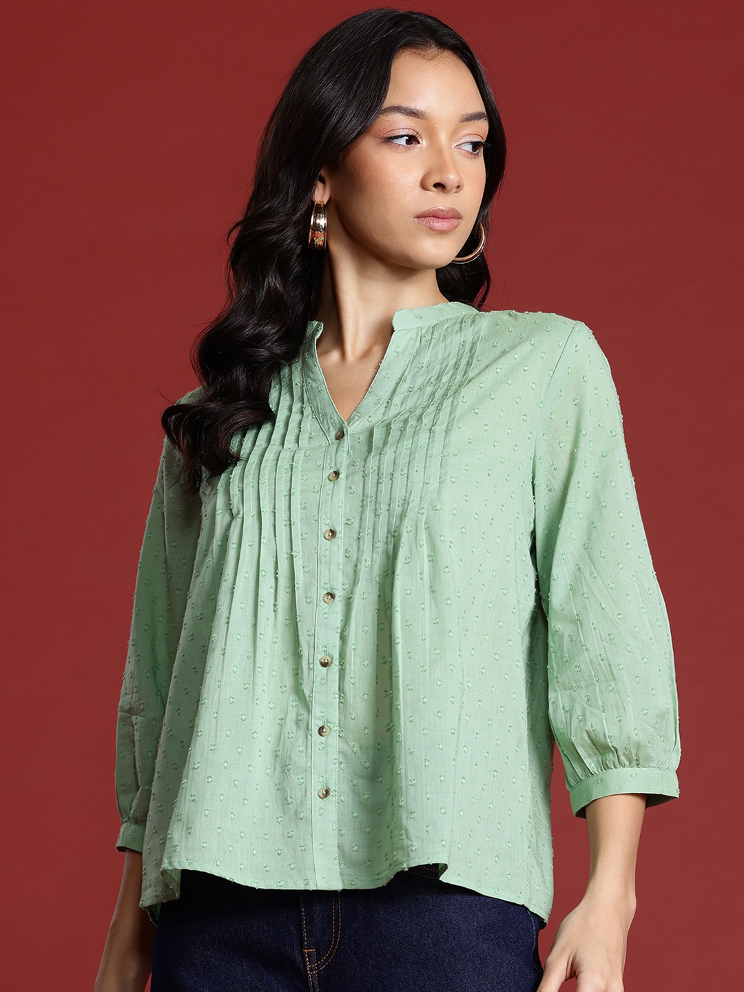 

all about you Dobby Detail Pure Cotton Shirt Style Top, Green