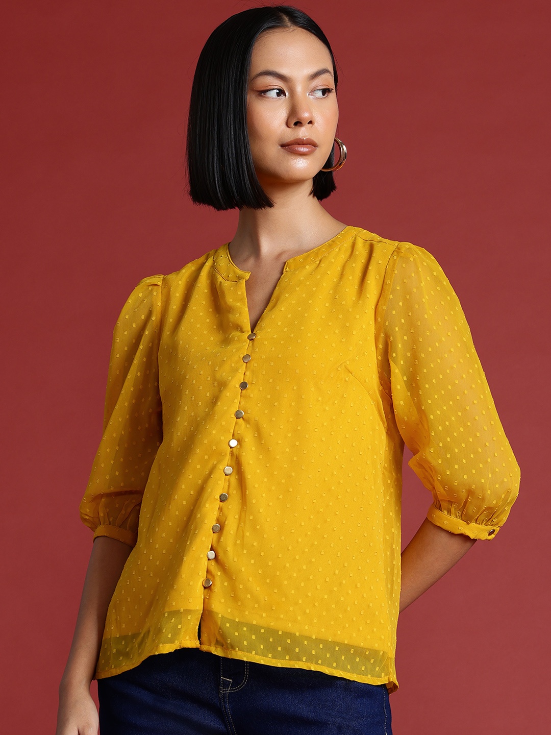 

all about you Dobby Detail Puff Sleeve Top, Yellow