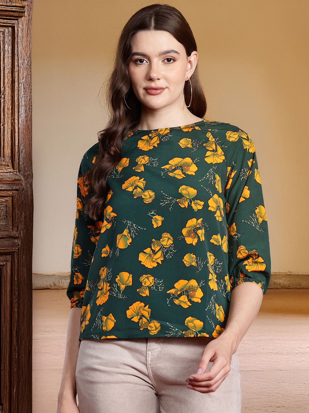 

all about you Floral Print Puff Sleeve Top, Green