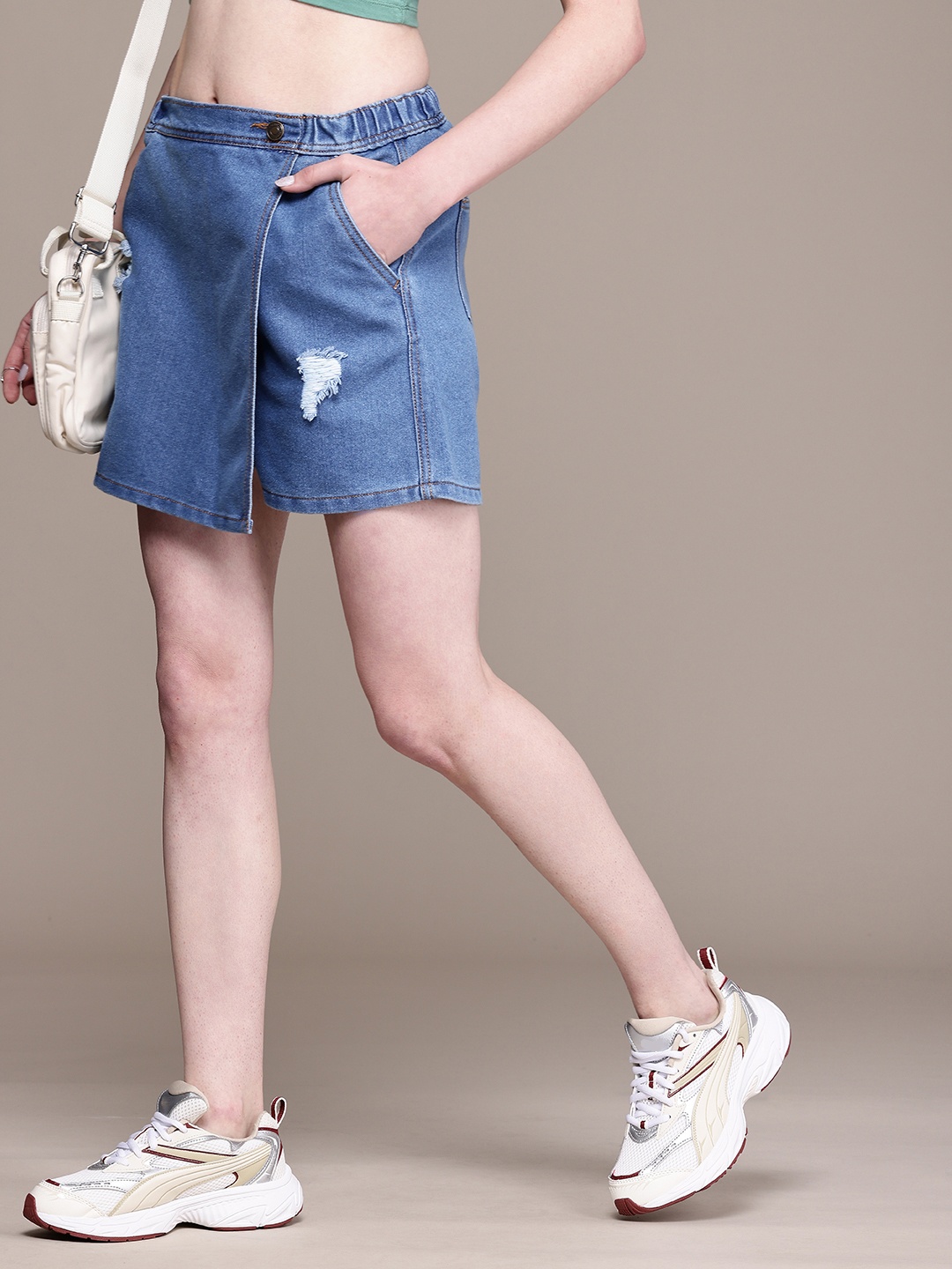 

The Roadster Life Co. Women Distressed Denim Mini Skorts, Blue