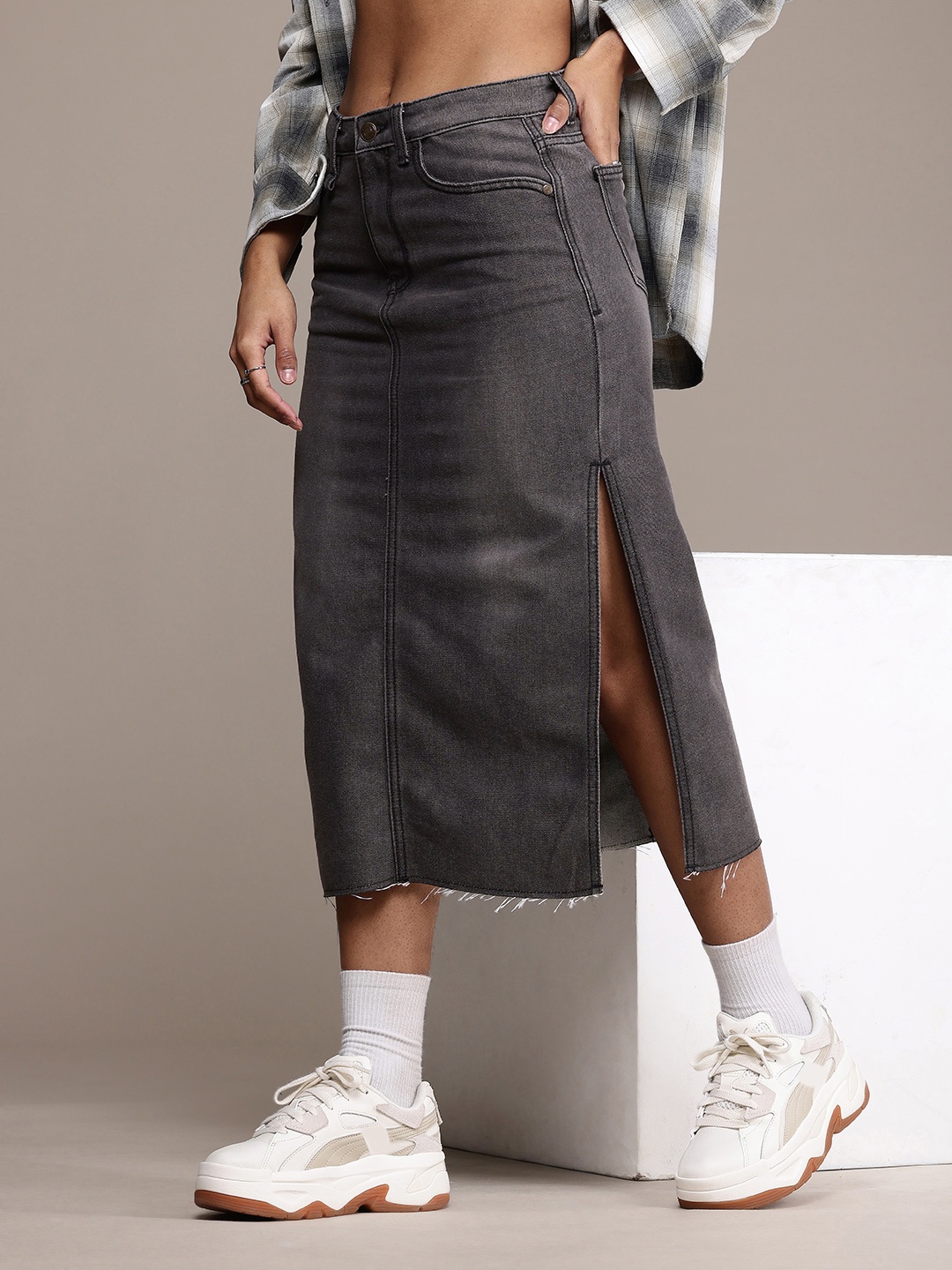 

The Roadster Life Co. Denim Straight Midi Skirt, Grey
