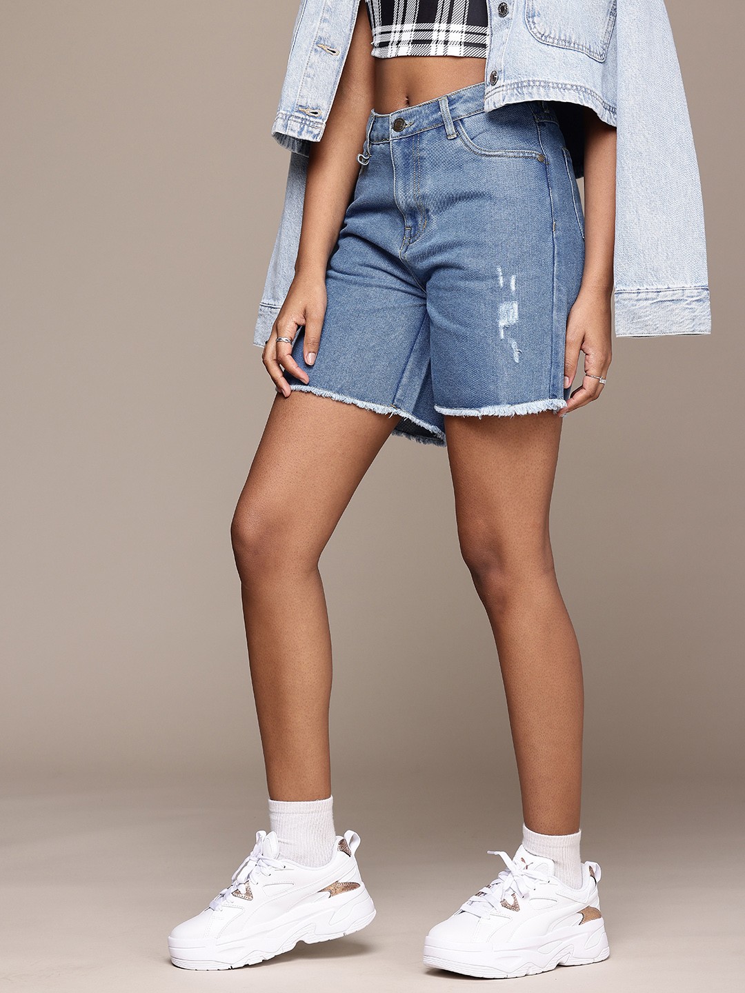 

The Roadster Life Co. Women Wide Fit Distressed Denim Shorts, Blue