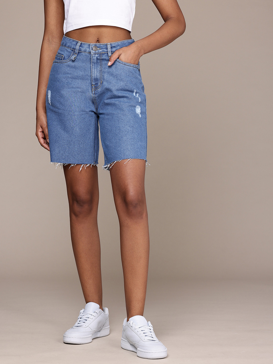 

The Roadster Life Co. Women Low Distressed Denim Shorts, Blue