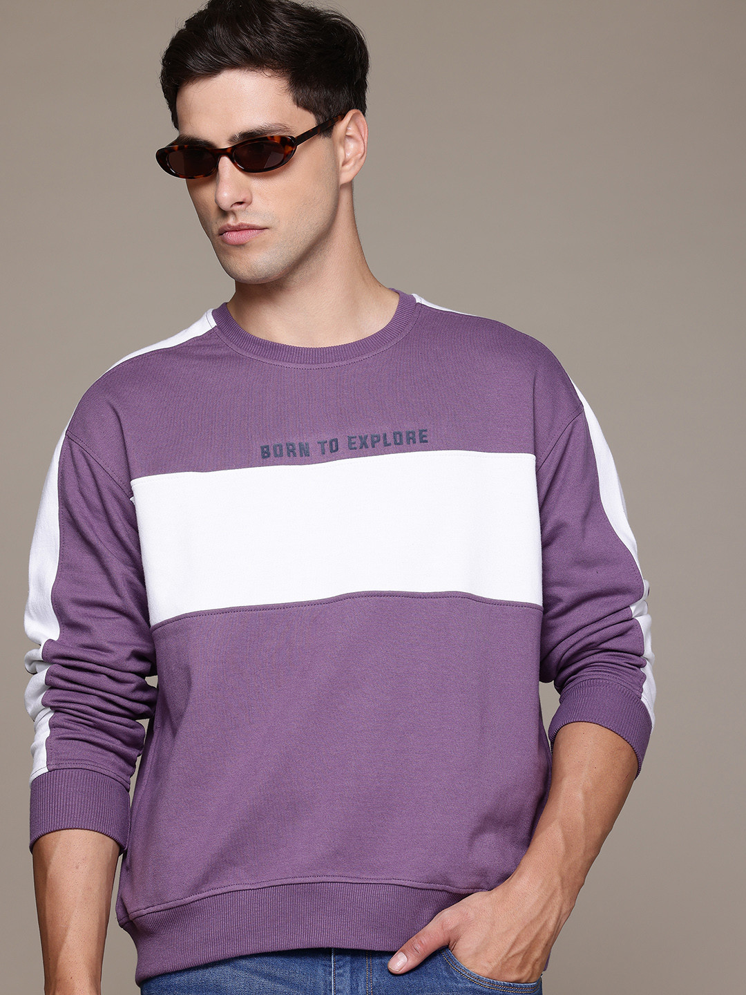 

The Roadster Lifestyle Co. Men Striped Relaxed Fit Sweatshirt, Purple