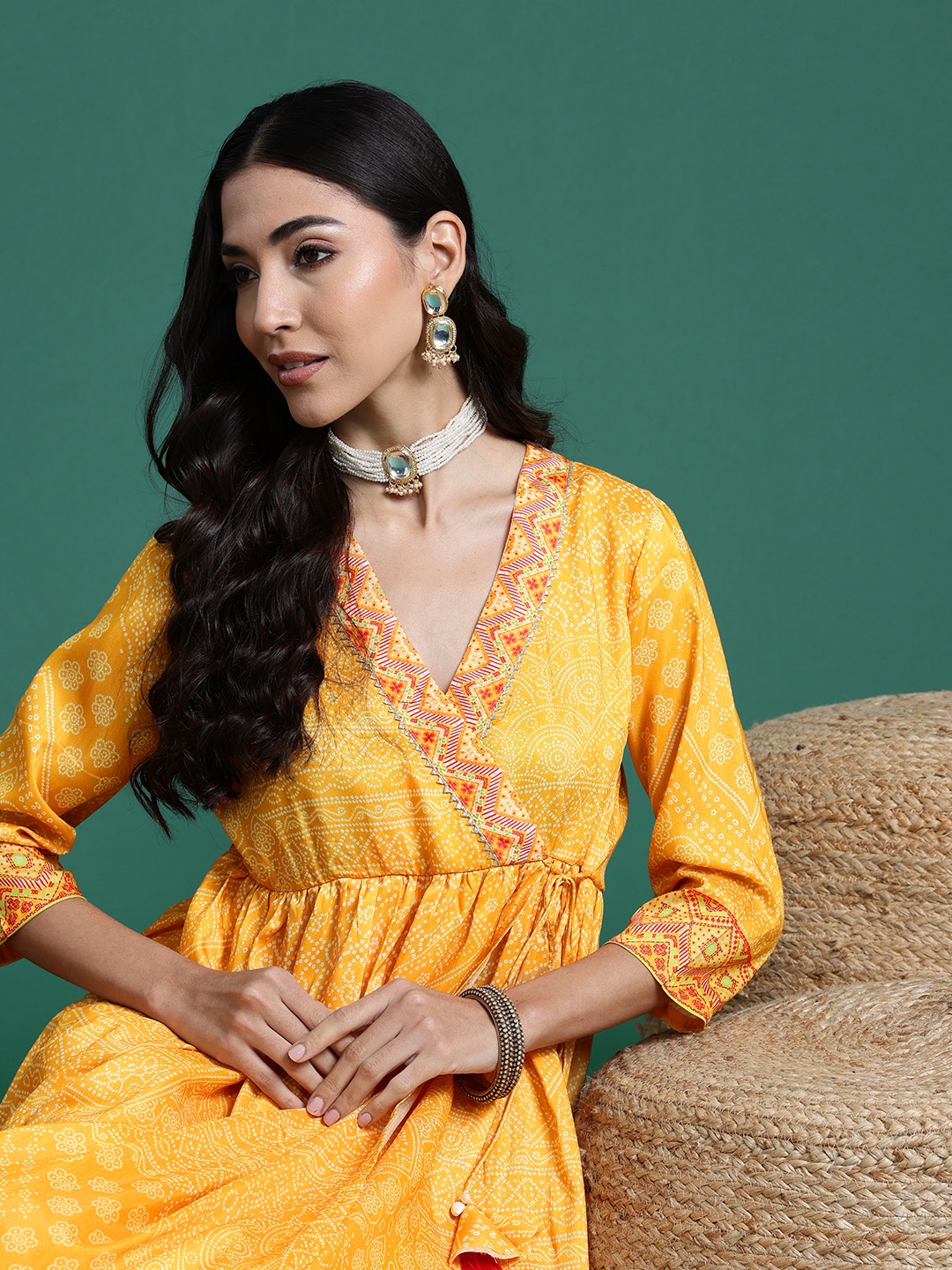 

Sangria Bandhani Printed Angrakha Gotta Patti Kurta with Trousers, Yellow