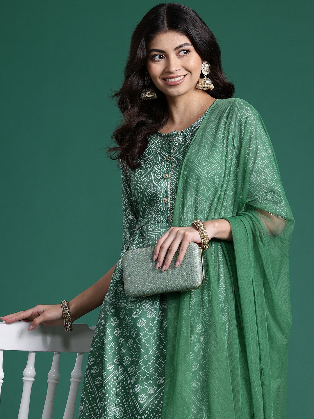 

Sangria Bandhani Printed Empire Gotta Patti Kurta with Sharara & With Dupatta, Green