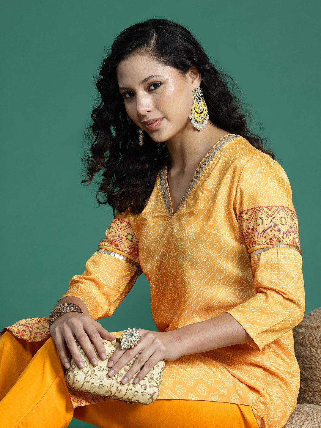 

Sangria Bandhani Print Mirror Work Kurta with Trousers, Yellow