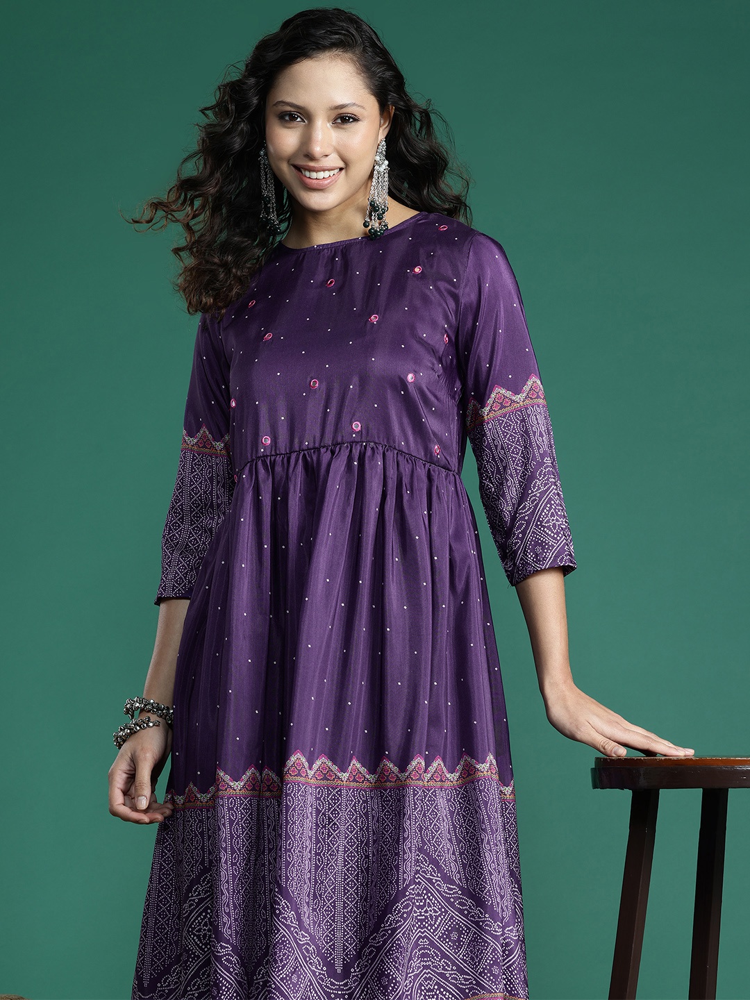 

Sangria Bandhani Printed Mirror Work Kurta with Trousers, Purple