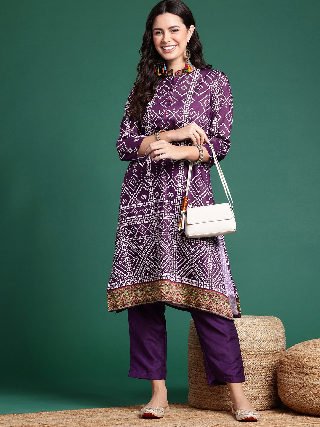 

Sangria Women Printed Band Collar Kurta With Trousers, Purple