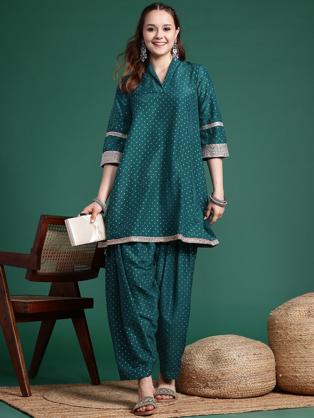 

Sangria Foil Print A-line Kurta with Dhoti Pants, Green