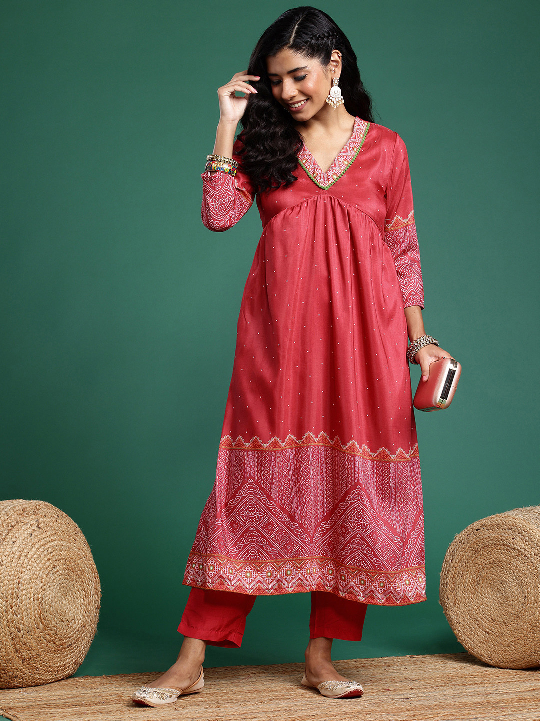 

Sangria Ethnic Motifs Printed Empire Kurta with Trousers, Red