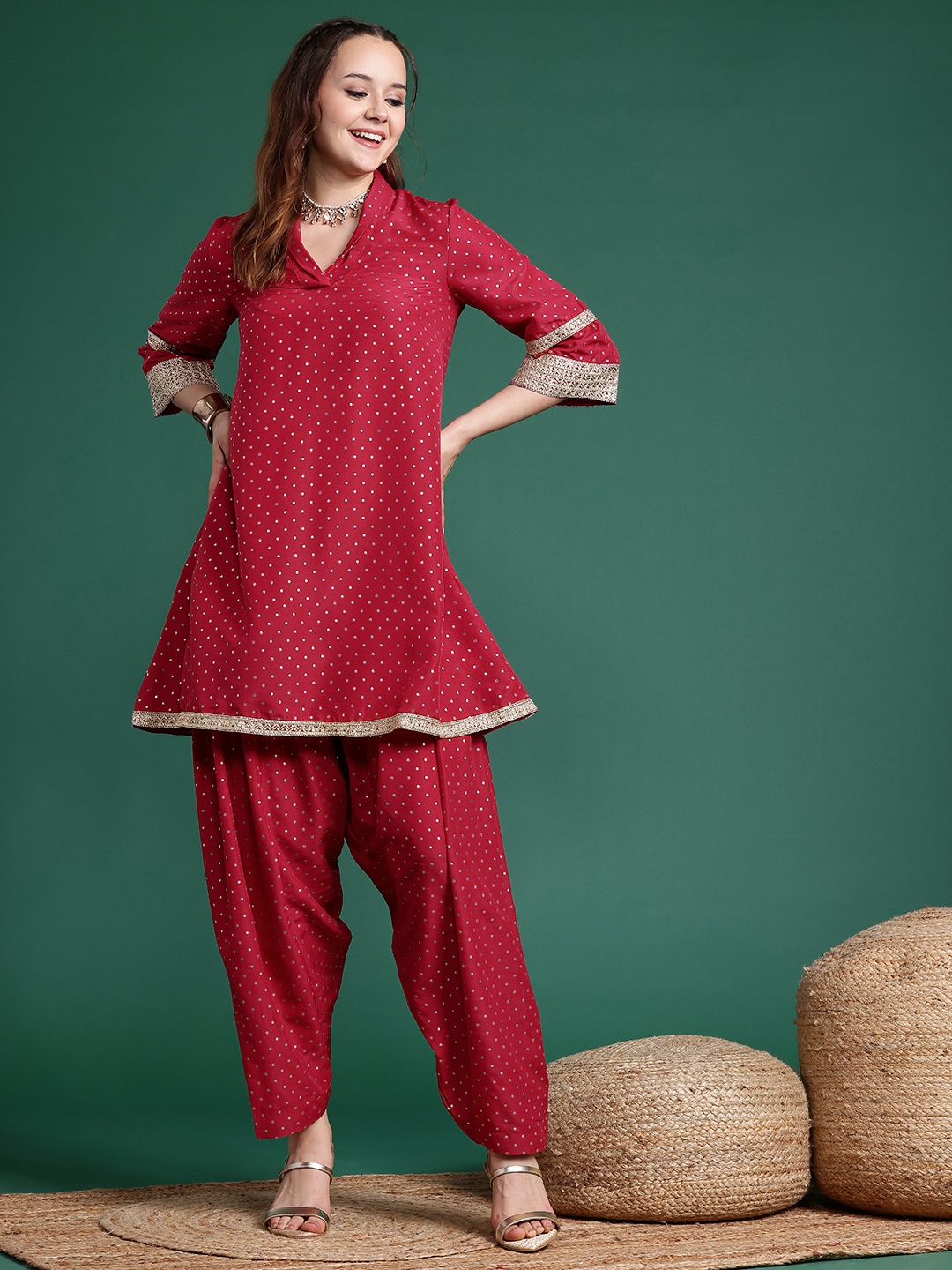 

Sangria Foil Print A-line Kurta with Dhoti Pants, Red