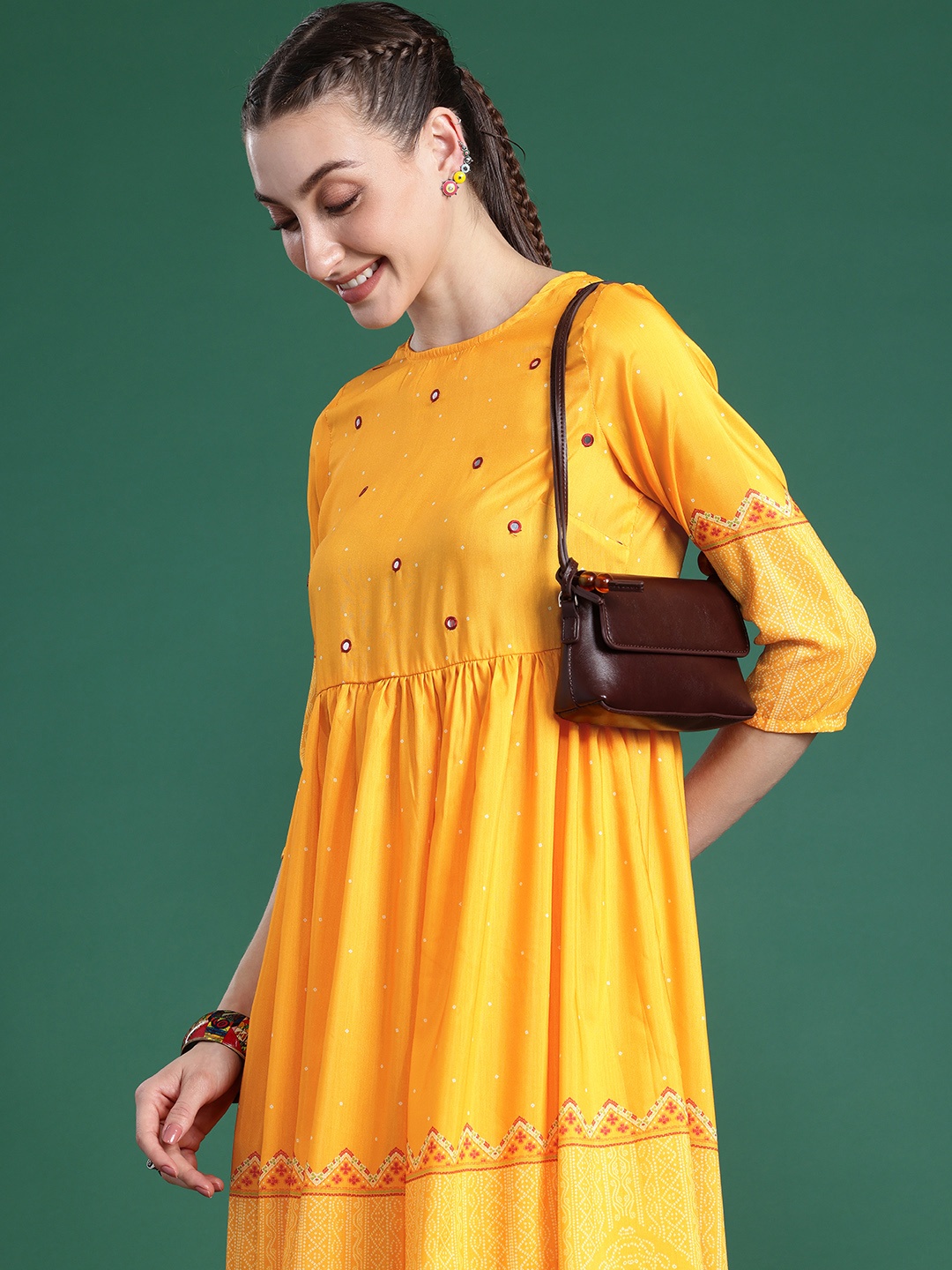 

Sangria Bandhani Printed Mirror Work Kurta with Palazzos, Yellow