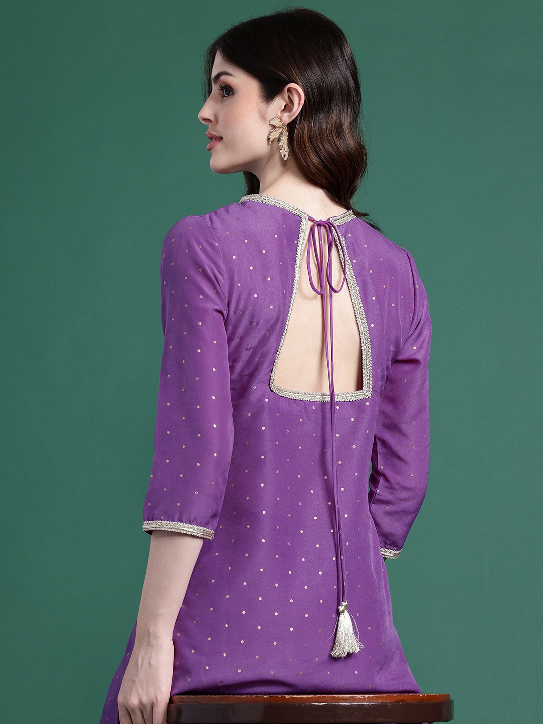 

Sangria Women Printed Gotta Patti Styled Back Kurta with Palazzos, Purple