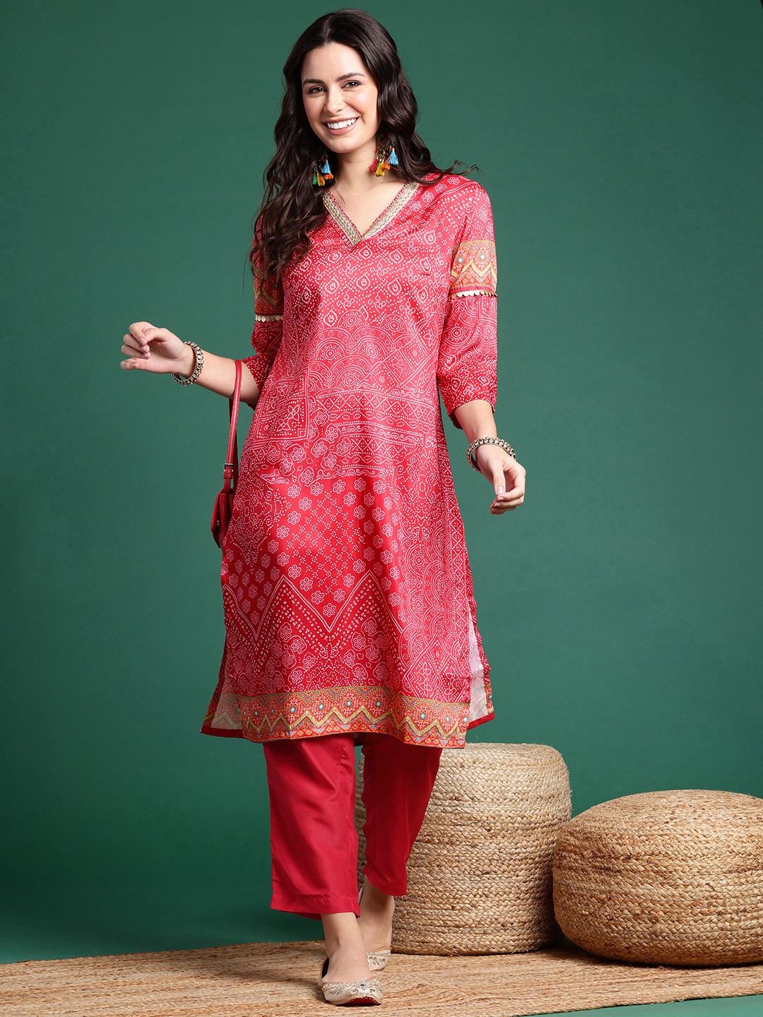 

Sangria Women Ethnic Motifs Printed Regular Gotta Patti Kurta With Trousers, Red