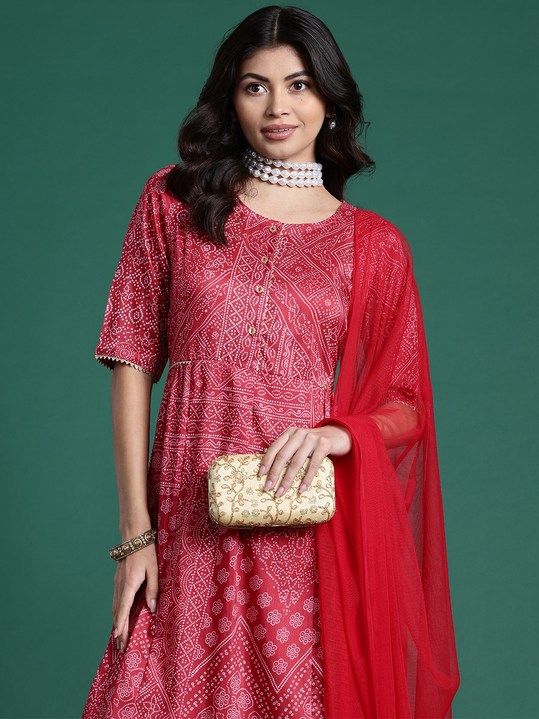 

Sangria Bandhani Print Gotta Patti Kurta with Sharara & Dupatta, Red