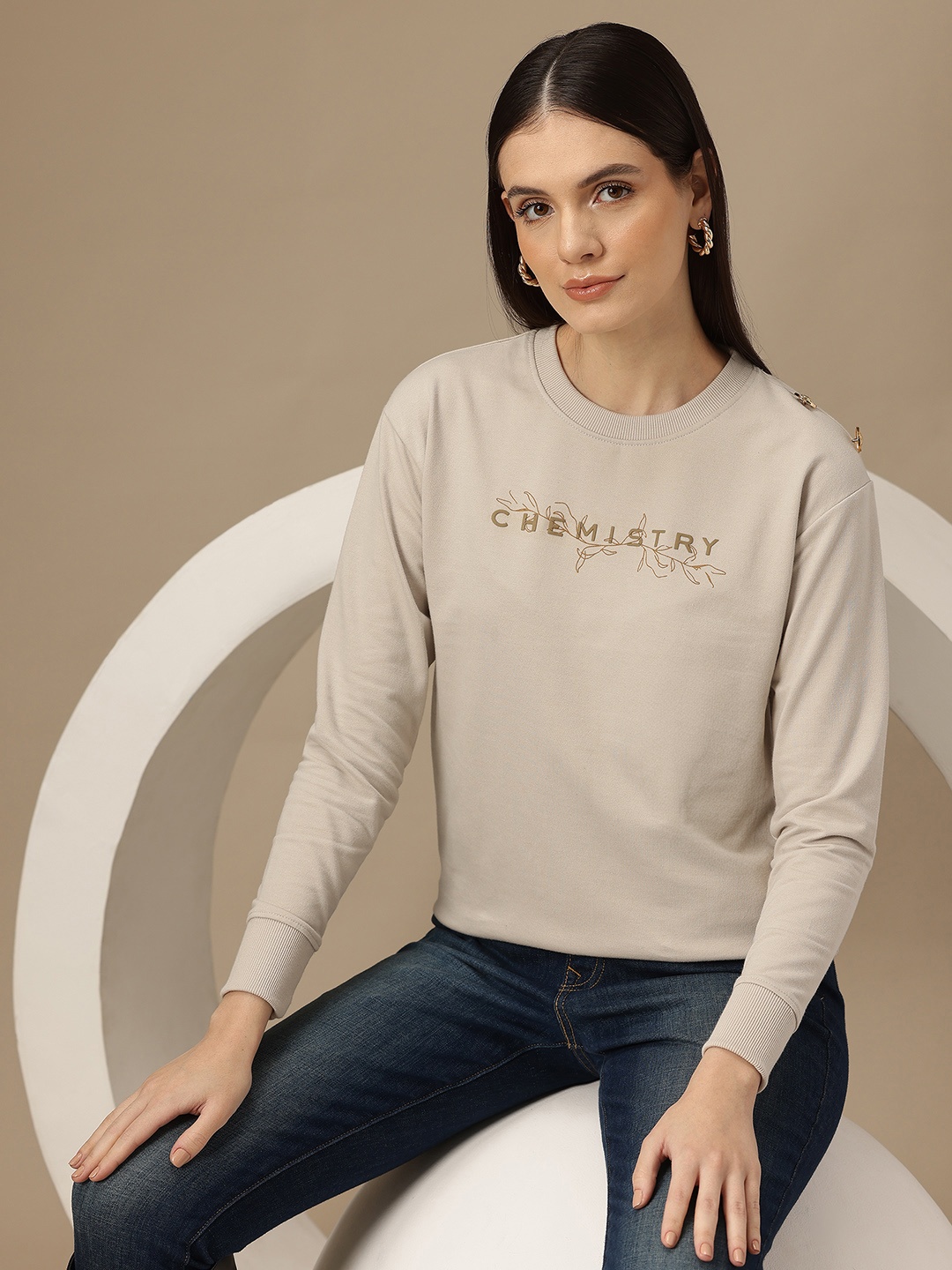 

Chemistry Buttoned Detail Printed Sweatshirt, Beige