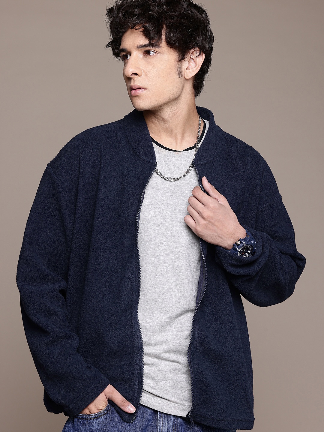 

The Roadster Lifestyle Co. Stand Collar Fleece Sweatshirt, Navy blue