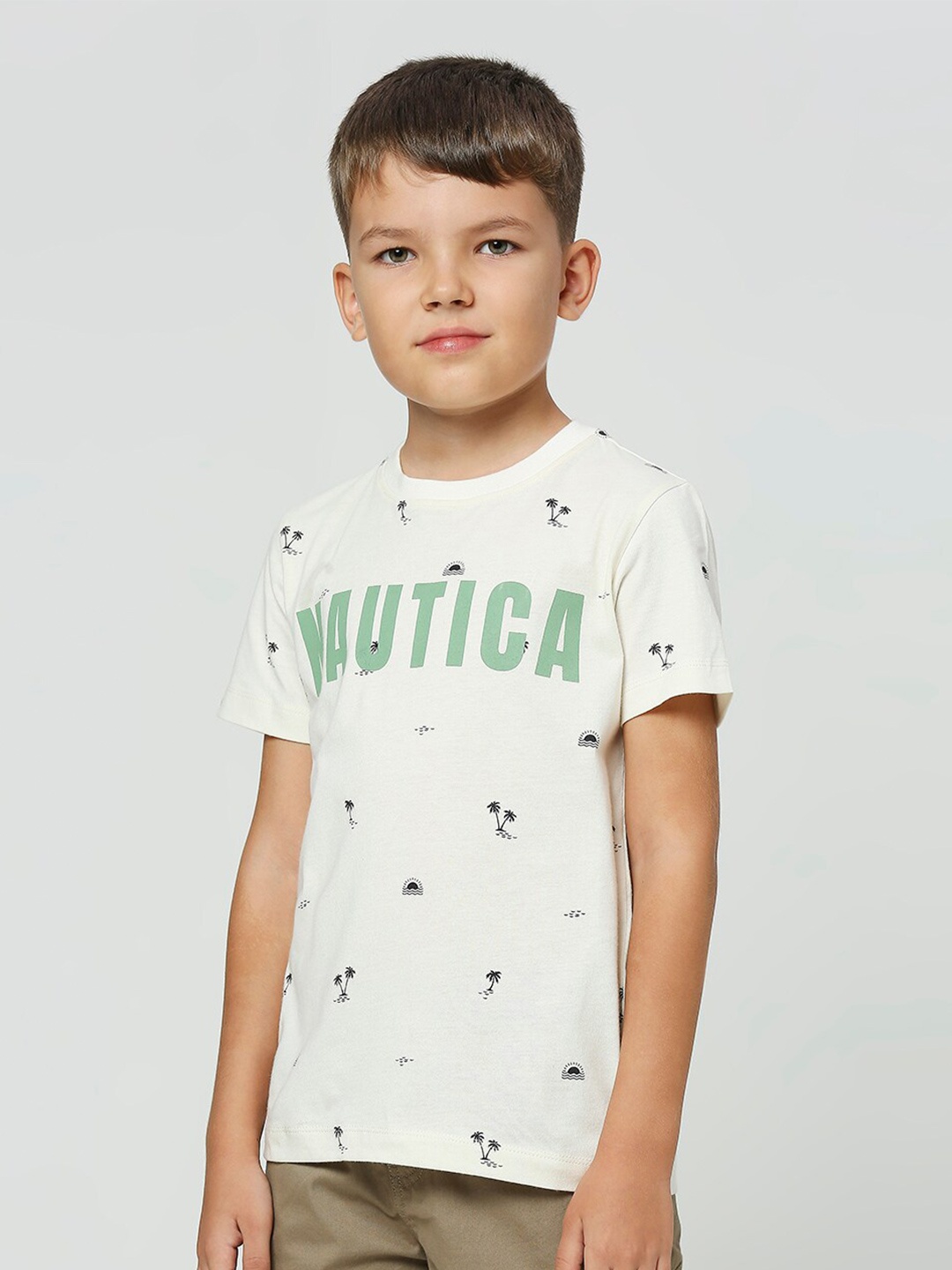 

Nautica Boys Typography Printed Round Neck Cotton T-shirt, Cream