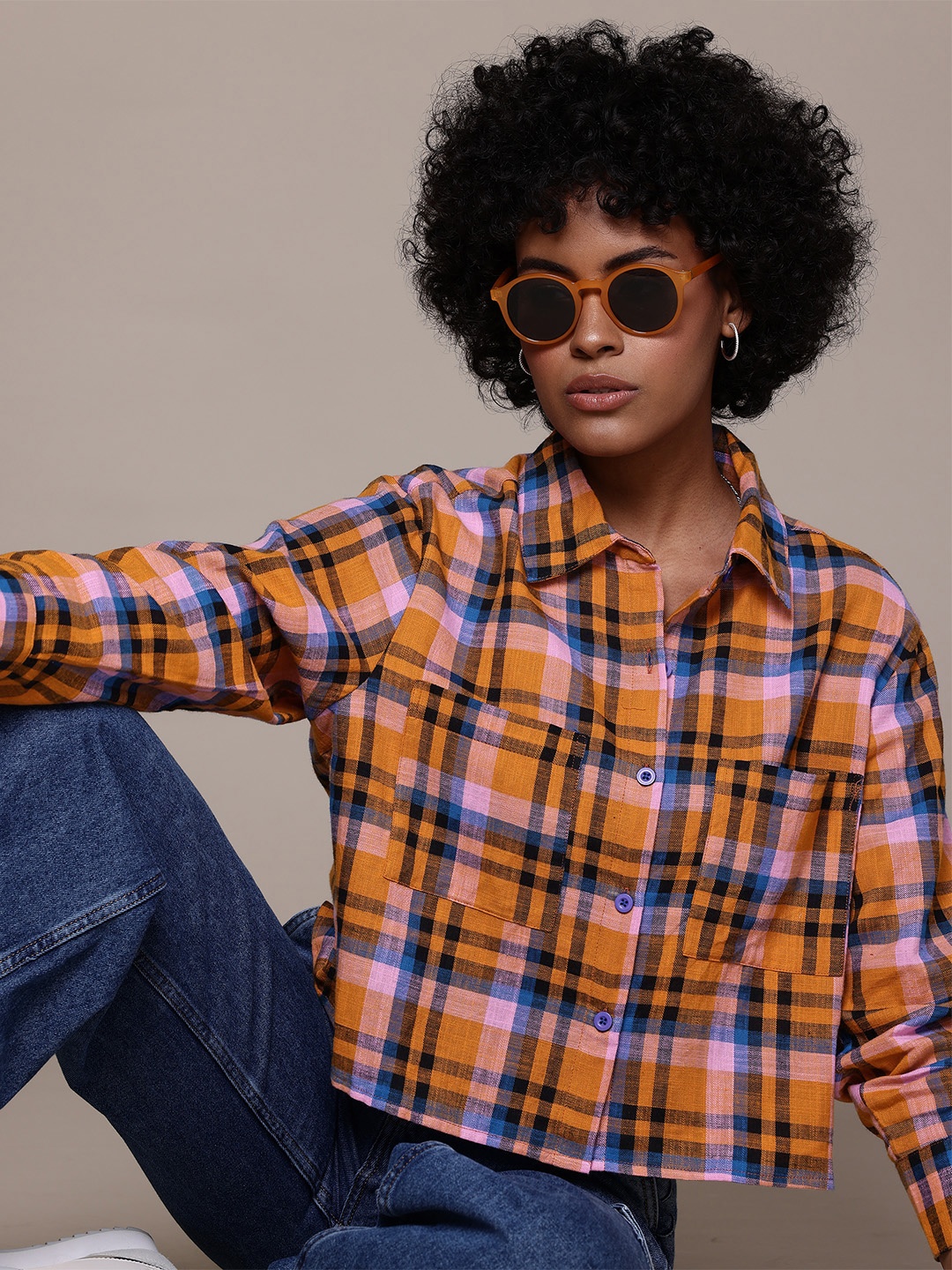 

The Roadster Lifestyle Co. Cotton Checked Cropped Boxy Shirt, Orange