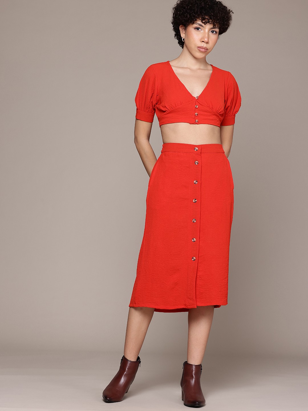 

The Roadster Lifestyle Co. V-Neck Top with Midi Skirt Co-Ords, Red