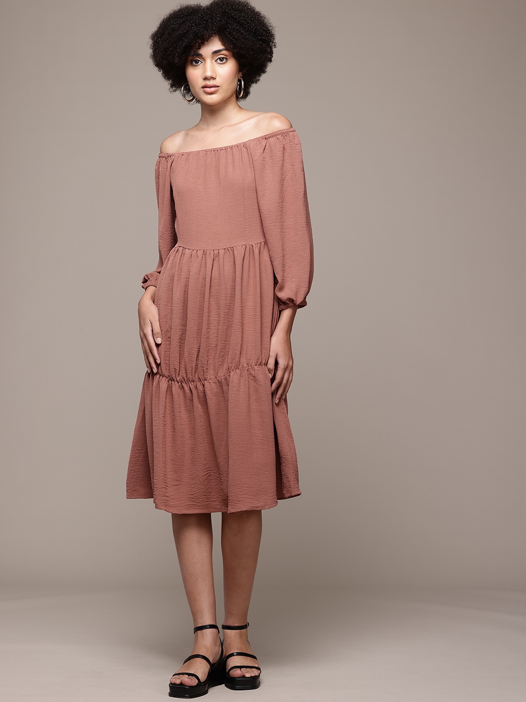 

The Roadster Lifestyle Co. Off-Shoulder Puff Sleeve Tiered Dress, Brown