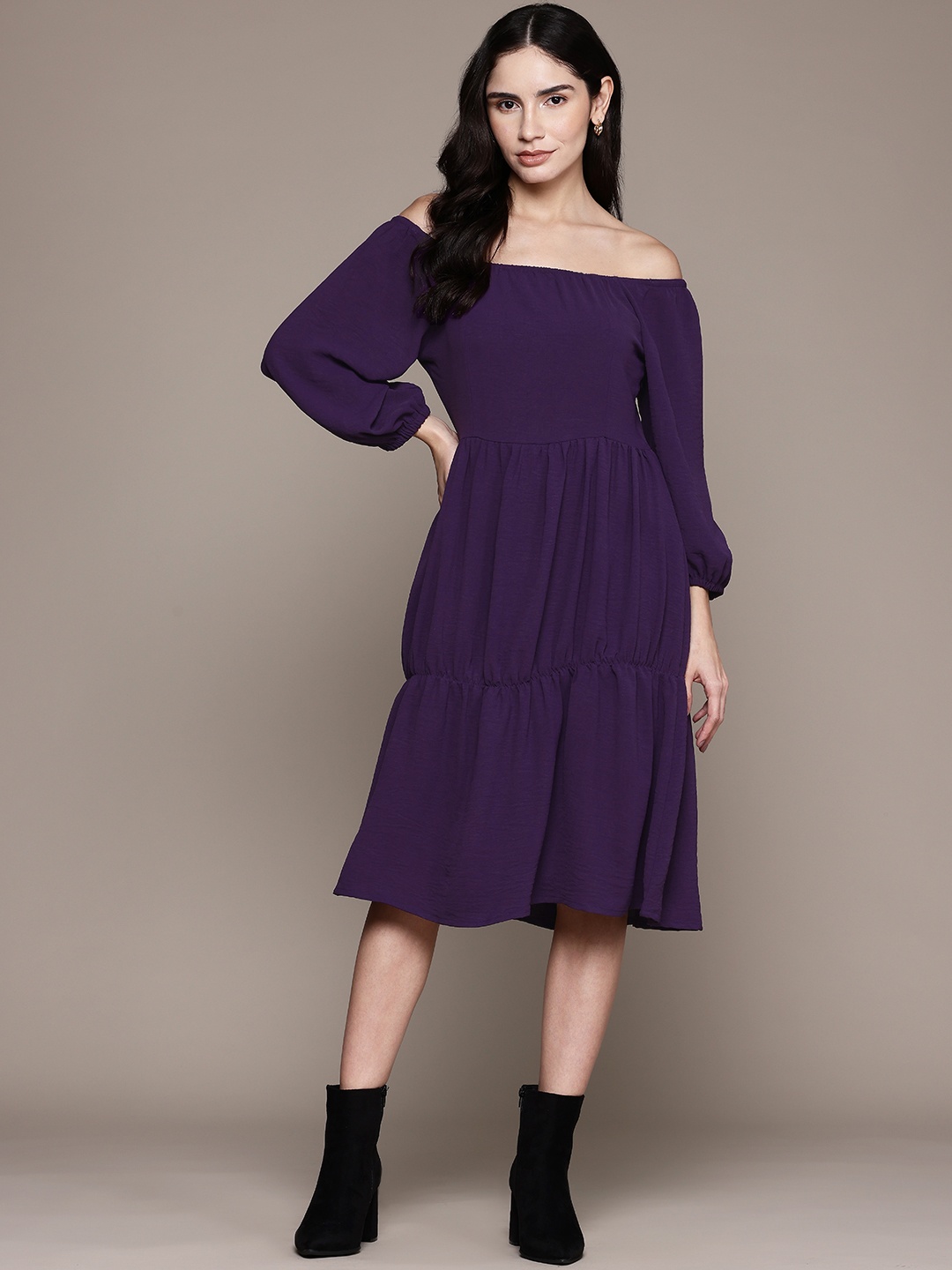 

The Roadster Lifestyle Co. Off-Shoulder Puff Sleeves Fit & Flare Tiered Dress, Purple