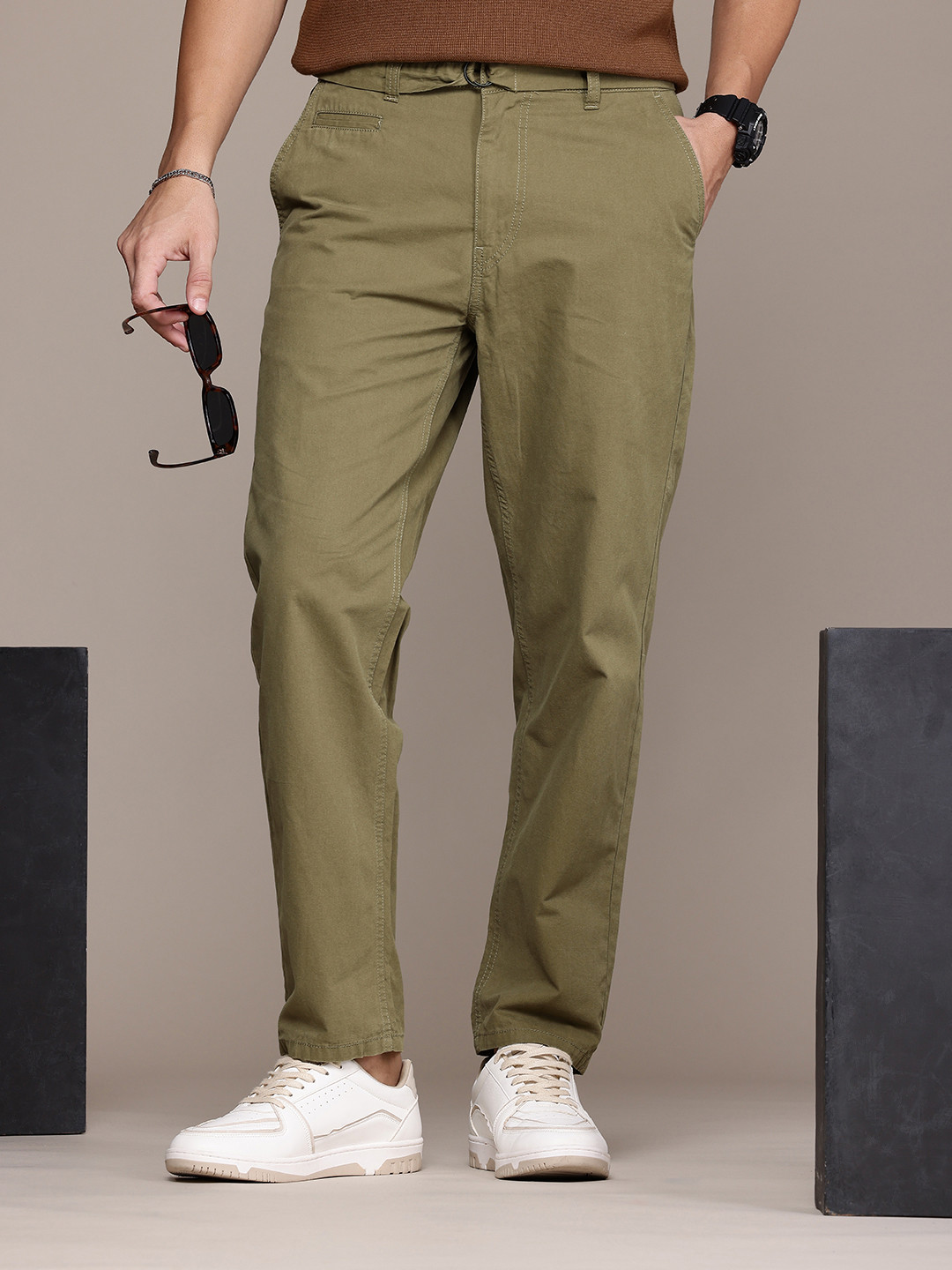

The Roadster Life Co. Pure Cotton Relaxed Fit Chinos Trousers, Olive