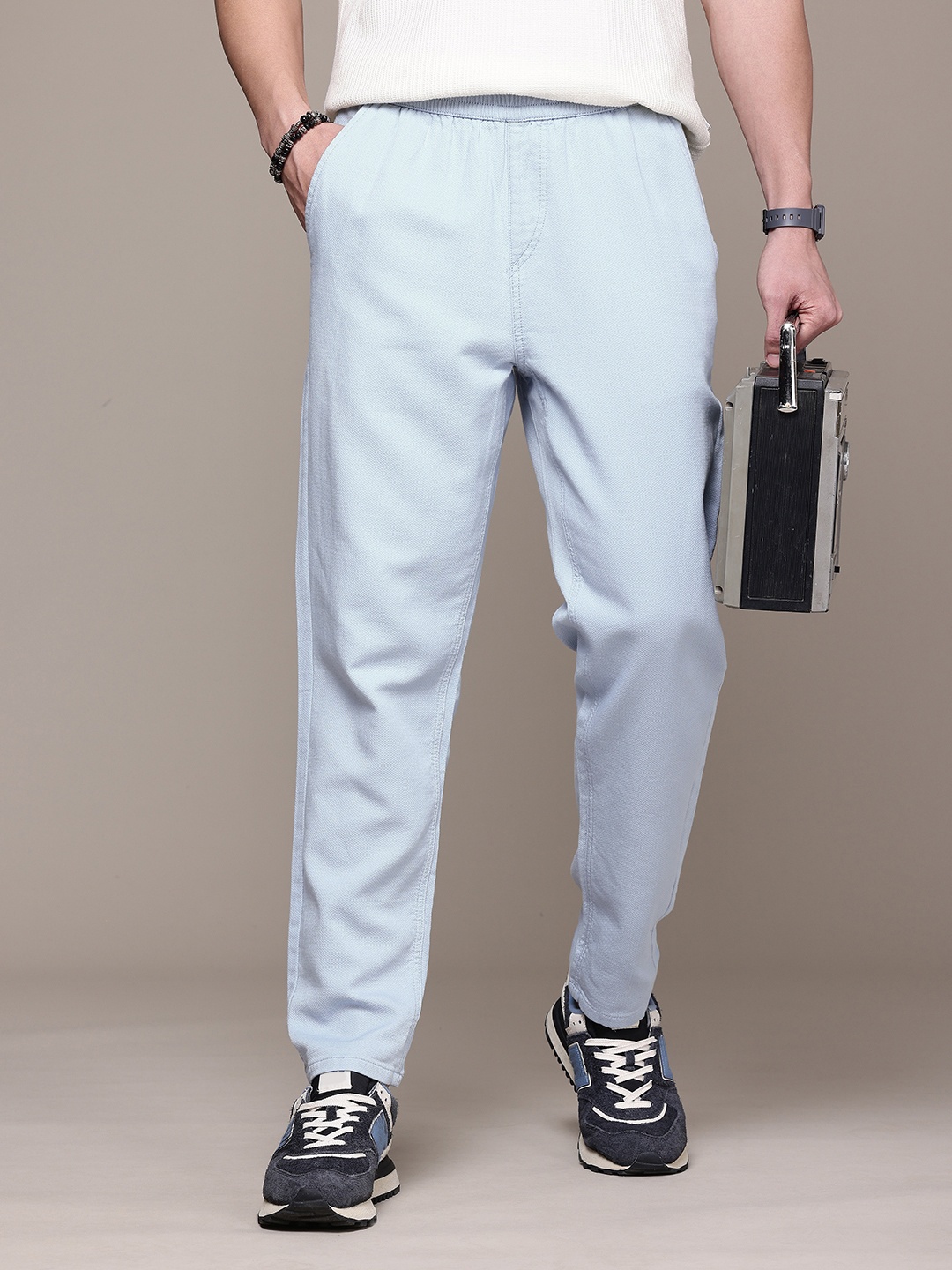 

The Roadster Life Co. Men Pure Cotton Relaxed Loose Fit Trousers, Blue