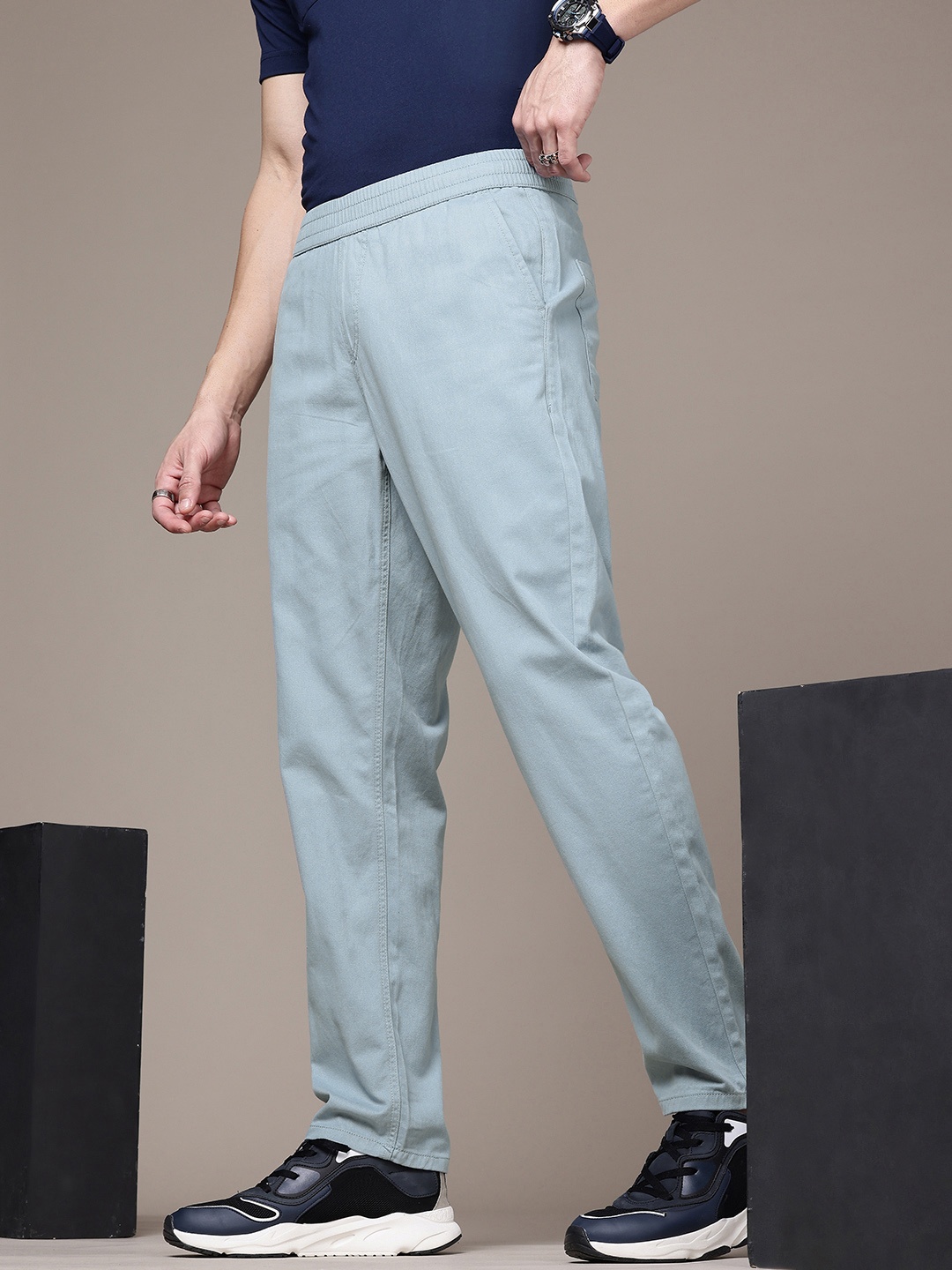 The Roadster Life Co. Men Relaxed Fit Pure Cotton Trousers, Blue