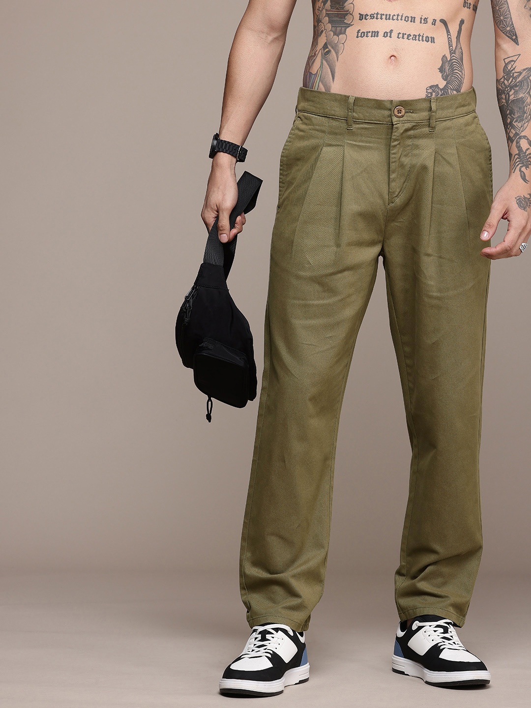 

The Roadster Life Co. Men Pure Cotton Relaxed Pleated Chinos Trousers, Olive