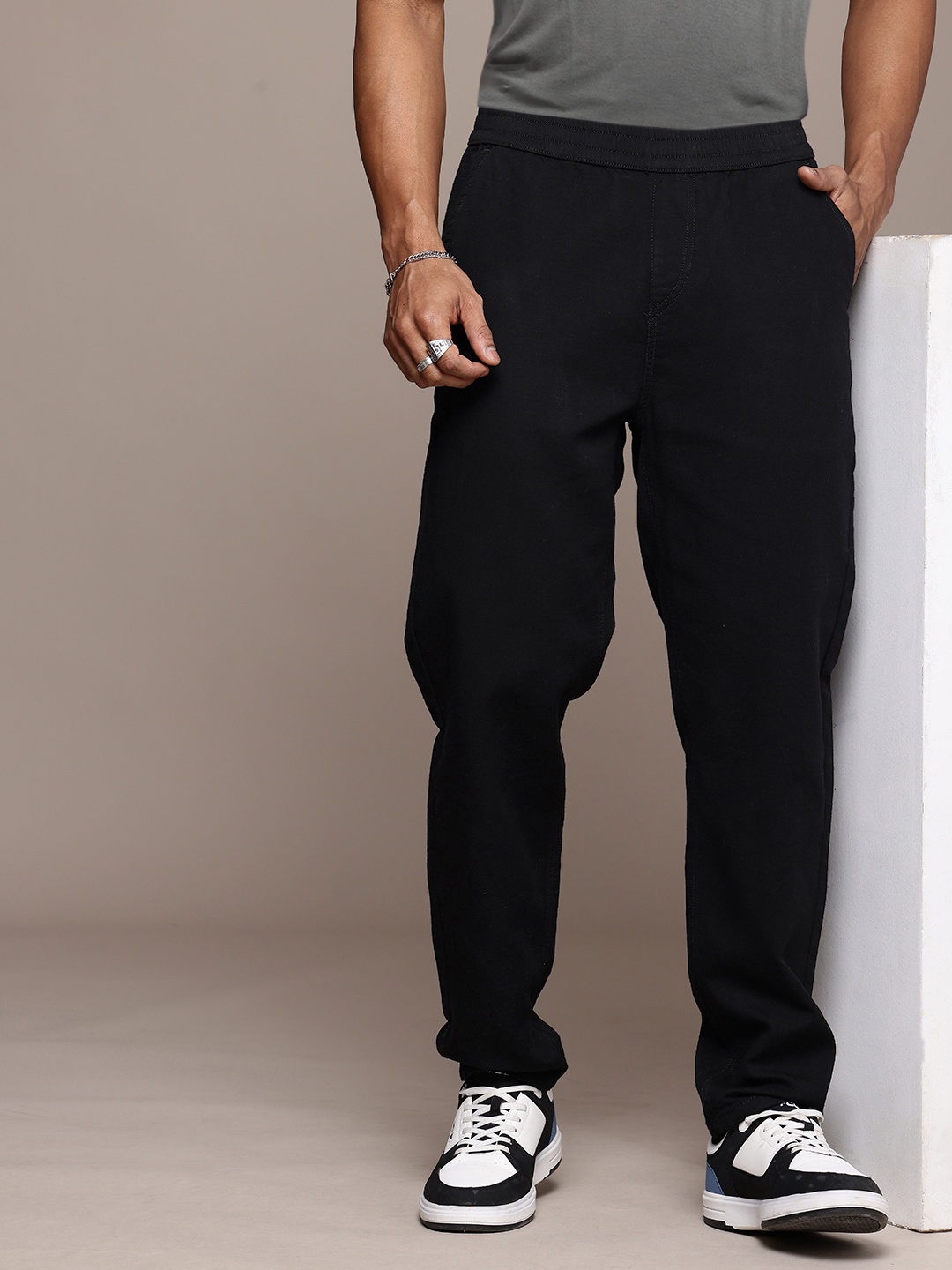 

The Roadster Life Co. Men Pure Cotton Joggers Trousers, Black