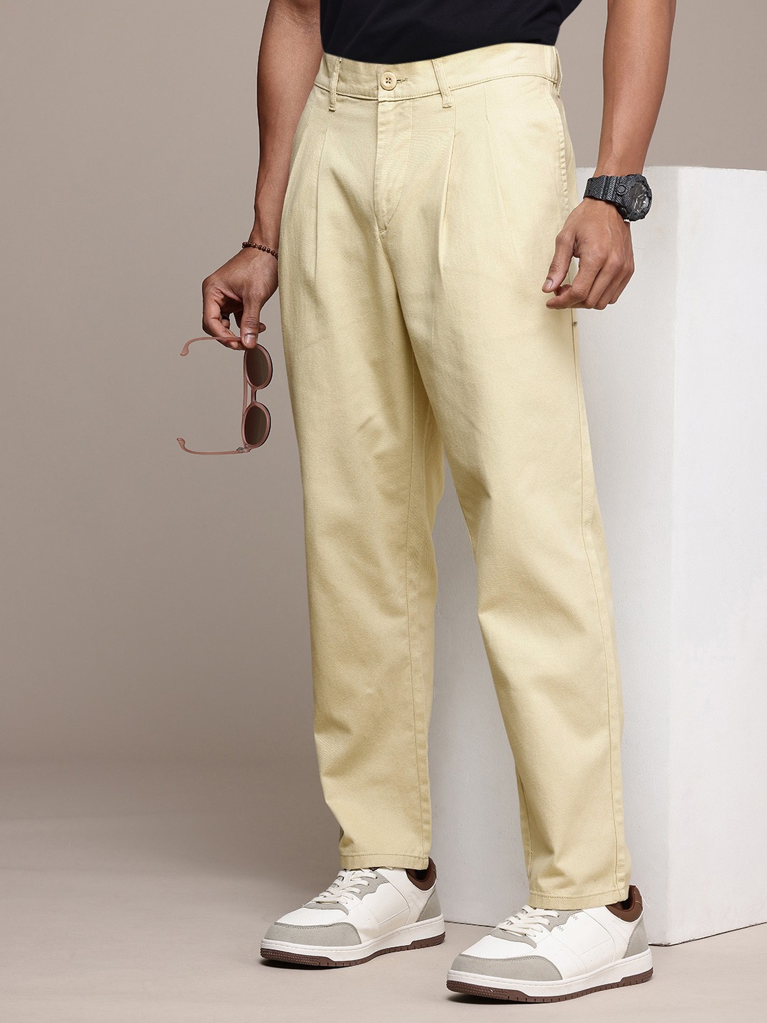 

The Roadster Life Co. Men Pure Cotton Relaxed Pleated Chinos Trousers, Cream